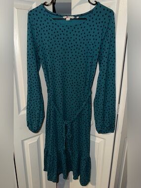 Boden Holly Jersey Midi Dress Teal Green Polka Dot Long Sleeve Tie-Waist